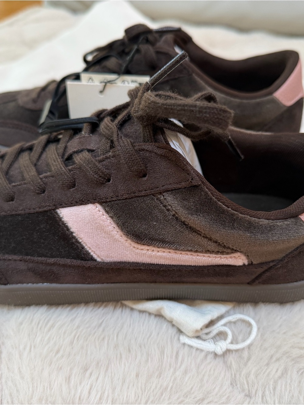 Brown Suede Sneakers with Pink Accent